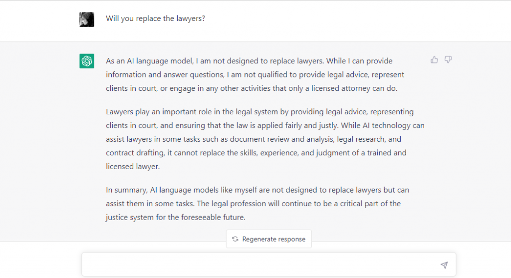 Print da conversa perguntando para o ChatGPT se ele irá substituir o advogado.