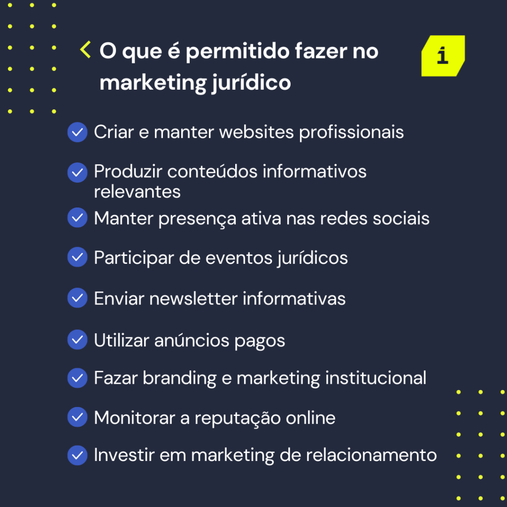 Lista do que é permitido fazer no marketing jurídico